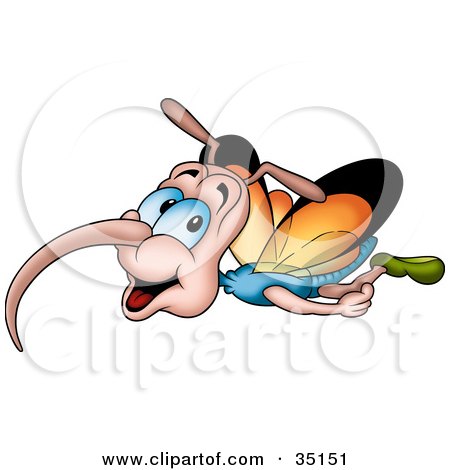 Clipart Illustration of a Long Nosed Butterfly With A Blue Body And Orange Wings, Flying Through The Air by dero