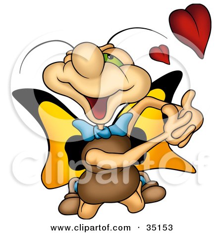 Clipart Illustration of a Romantic Butterfly With A Heart, Kneeling Before His Love, Holding Out His Arms by dero