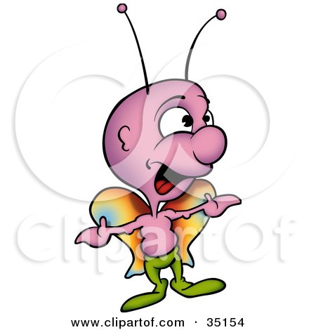 Clipart Illustration of a Purple Butterfly With Colorful Wings, Wearing Green Pants And Singing by dero