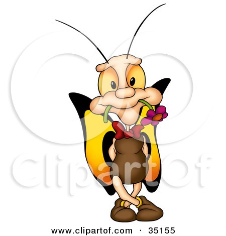 Clipart Illustration of a Adorable Male Butterfly With Yellow And Orange Wings, Holding A Flower In His Mouth by dero