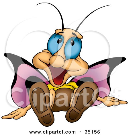 Clipart Illustration of a Goofy Purple Winged Butterfly With Blue Eyes, Laying On The Ground by dero