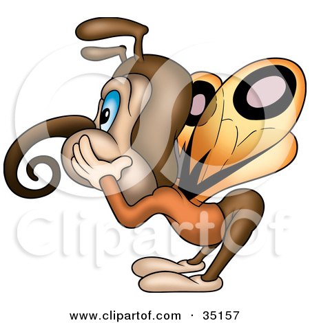 Clipart Illustration of a Curly Nosed Butterfly In Profile, Touching His Cheeks And Sticking His Butt Out by dero