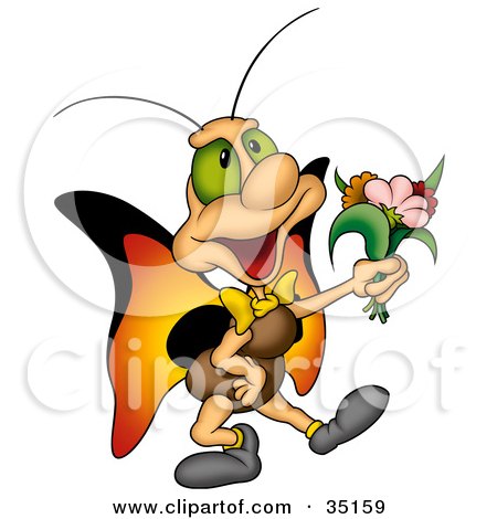 Clipart Illustration of a Sweet Green Eyed Butterfly With Orange Wings, Holding Out A Bouquet Of Flowers by dero