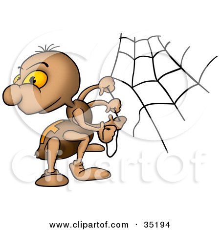 Clipart Illustration of a Brown Spider With Orange Eyes, Looking Back While Creating A Web by dero