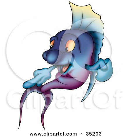Clipart Illustration of a Gradient Blue And Purple Fish Pointing by dero