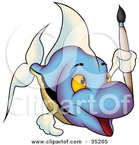 Clipart Illustration of a Gradient Blue And Purple Fish With A Green Belly And White Fins, Holding A Paintbrush by dero