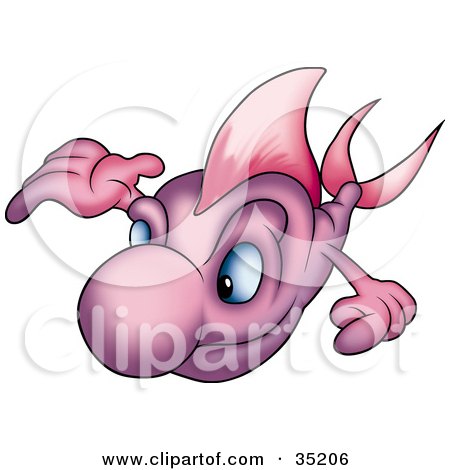 Clipart Illustration of a Purple Fish Holding One Arm Up And Swimming by dero