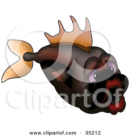 Clipart Illustration of a Sad Orange And Brown Fish With Purple Eyes And Big Lips by dero