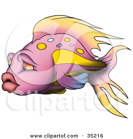 Clipart Illustration of a Purple Fish With Gradient Yellow And Blue Fins And Big Lips by dero