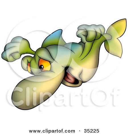 Clipart Illustration of a Gradient Blue, Green And Yellow Fish Swimming Downwards by dero