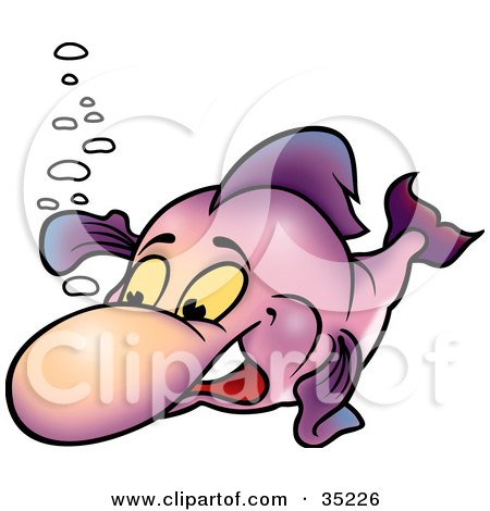 Clipart Illustration of a Friendly Purple Fish With Bubbles, Waving With A Fin by dero