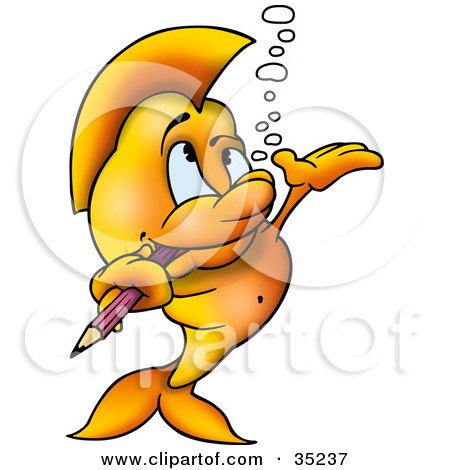 Clipart Illustration of a Goldfish Nibbling On The Tip Of A Pencil And Holding Up A Hand As If Presenting Something by dero