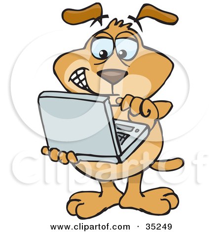 Clipart Illustration of a Brown Techno Dog Holding A Laptop And Working Online by Dennis Holmes Designs