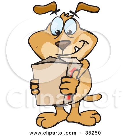 Clipart Illustration of a Happy Brown Dog Carrying An Order In A Cardboard Box by Dennis Holmes Designs