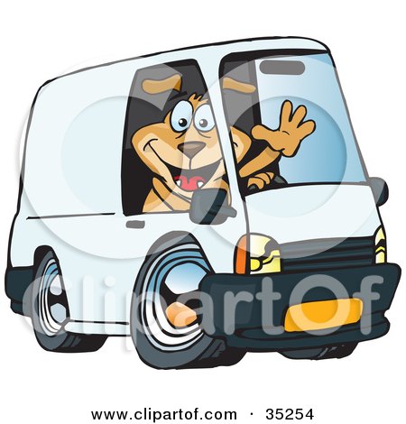 Clipart Illustration of a Friendly Brown Dog Waving And Driving A White Delivery Van With Space On The Side For You To Insert Text by Dennis Holmes Designs