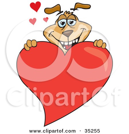 Clipart Illustration of a Loving Brown Dog Grinning And Holding Up A Giant Red Shiny Heart, With Other Hearts Behind Him by Dennis Holmes Designs