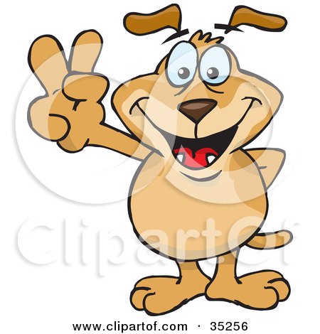 Clipart Illustration of a Peaceful Brown Dog Smiling And Gesturing The Peace Sign With His Hands by Dennis Holmes Designs