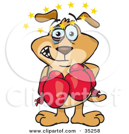 Clipart Illustration of a Dog With A Black Eye, Seeing Stars Circling Above His Head During A Boxing Match by Dennis Holmes Designs