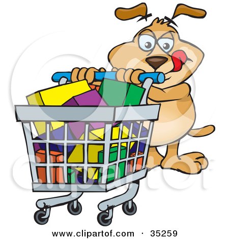 Clipart Illustration of a Thinking Brown Dog Licking His Lips While Pushing A Full Shopping Cart Through A Store by Dennis Holmes Designs