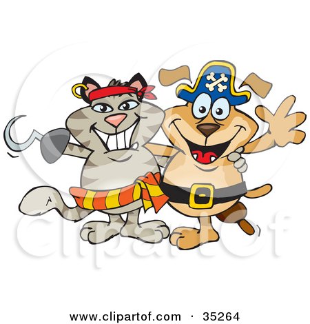 Clipart Illustration of a Pirate Cat With A Hook Hand Standing And Smiling With A Pirate Dog With A Peg Leg by Dennis Holmes Designs