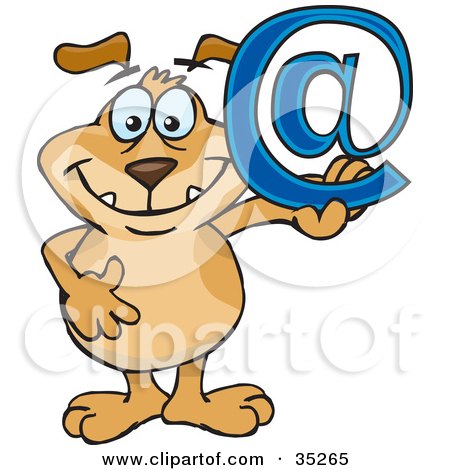 Clipart Illustration of a Happy Brown Dog Holding Up A Blue Arobase Email Sign by Dennis Holmes Designs