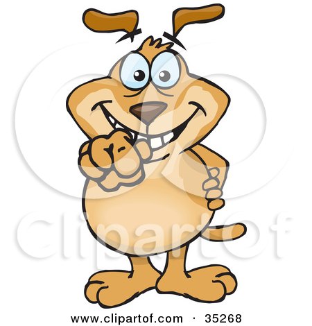 Clipart Illustration of a Smiling Brown Dog Pointing At The Viewer To Select Them by Dennis Holmes Designs