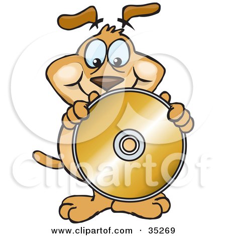 Clipart Illustration of a Friendly Brown Dog Holding Up And Standing Behind A Blank Golden Cd Or Dvd Without A Label, Ready For You To Insert Text by Dennis Holmes Designs