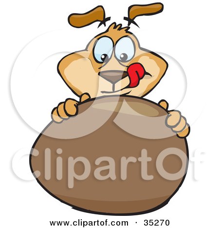 Clipart Illustration of a Brown Dog Licking His Chops While Touching And Tempting To Eat A Large Chocolate Easter Egg by Dennis Holmes Designs