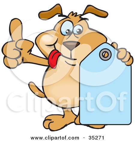 Clipart Illustration of a Brown Dog Hanging His Tongue Out, Pointing Upwards And Holding A Blank Blue Price Tag, Ready For You To Insert Your Text by Dennis Holmes Designs