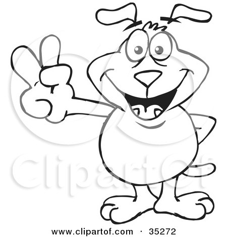 Clipart Illustration of a Black And White Outline Of A Happy Dog Gesturing The Peace Sign by Dennis Holmes Designs