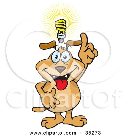 Clipart Illustration of a Knowledgeable Brown Dog Holding His Finger Up, With A Bright Idea, A Light Bulb, Over His Head by Dennis Holmes Designs