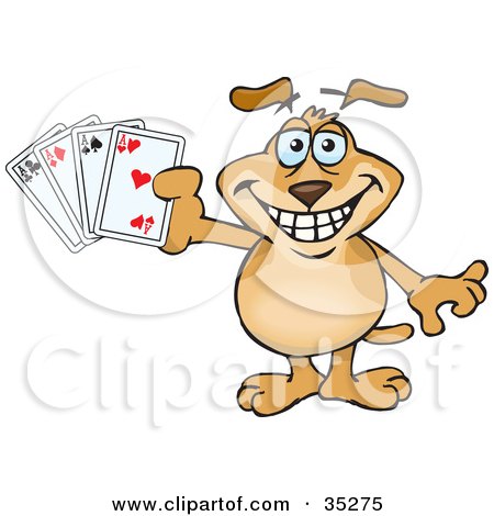 Clipart Illustration of a Grinning Brown Dog Holding Up Four Aces Playing Cards by Dennis Holmes Designs