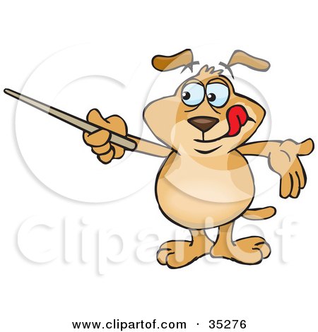 Clipart Illustration of a Smart Brown Dog Holding A Pointer Stick While Reviewing Rules Or Teaching A Lesson by Dennis Holmes Designs
