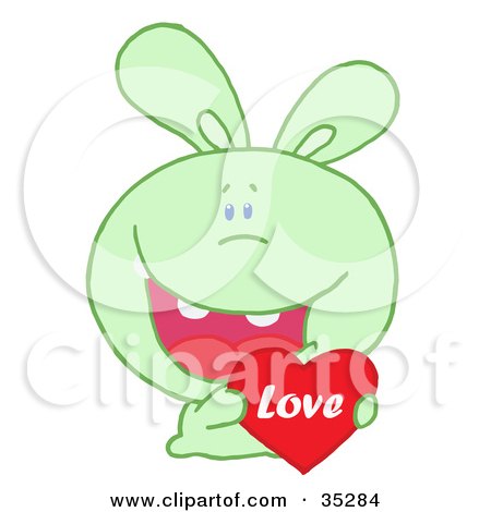 Clipart Illustration of a Caring Green Rabbit Laughing And Holding a Red Heart Love Valentine by Hit Toon