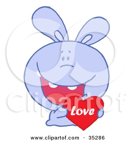 Clipart Illustration of a Caring Purple Rabbit Laughing And Holding a Red Heart Love Valentine by Hit Toon