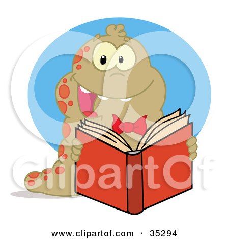 Clipart Illustration of a Happy Brown And Red Spotted Worm Reading A Book by Hit Toon