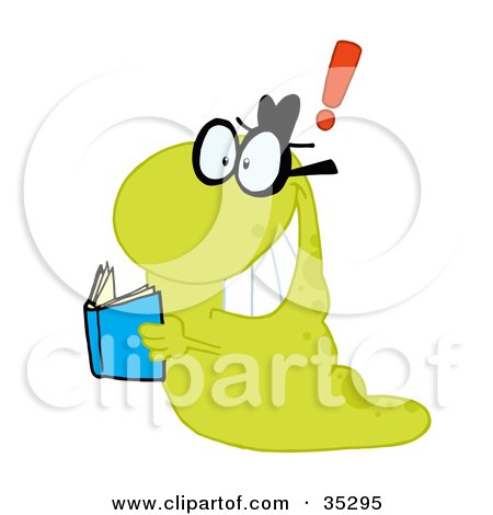 Clipart Illustration of a Green Worm Reading A Blue Book, Getting An Idea, Expressed As An Exclamation Point by Hit Toon