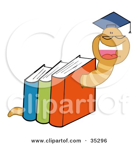 Clipart Illustration of a Successful Worm Graduate Crawling Through Colorful Books by Hit Toon