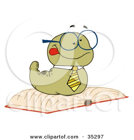 Clipart Illustration of a Knowledgeable Old Worm Wearing A Tie And Glasses, Resting On An Open Book by Hit Toon