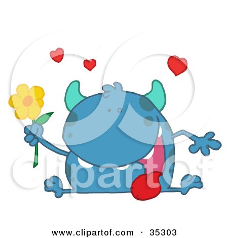 Clipart Illustration of a Loving Blue Monster Sitting With His Tongue Hanging Out, Holding A Yellow Flower Under Hearts by Hit Toon