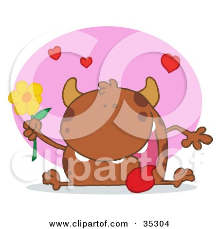 Clipart Illustration of a Sweet Brown Monster Sitting With His Tongue Hanging Out, Holding A Yellow Flower Under Hearts by Hit Toon