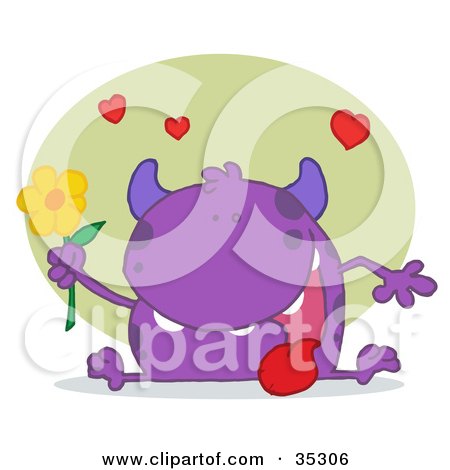 Clipart Illustration of a Sweet Purple Monster Sitting With His Tongue Hanging Out, Holding A Yellow Flower Under Hearts by Hit Toon