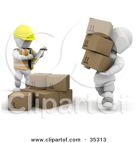 Clipart Illustration of a 3d White Character Carrying Boxes While Being Watched By A Supervisor by KJ Pargeter