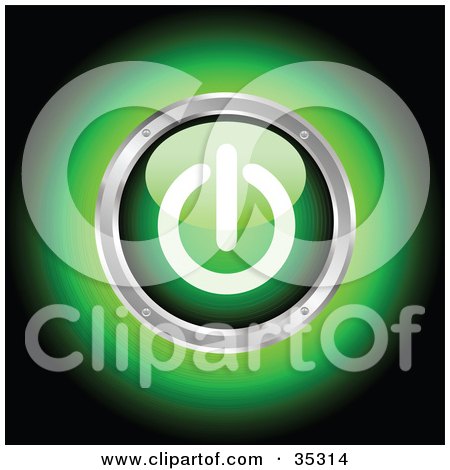 Clipart Illustration of a Glowing Green Power Button Rimmed In Chrome by KJ Pargeter