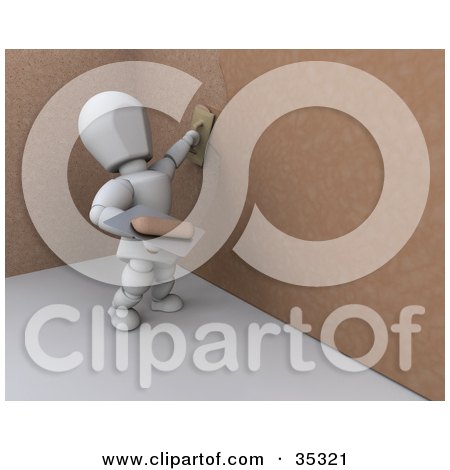 Clipart Illustration of a 3d White Character Applying Plaster To A Brown Wall by KJ Pargeter