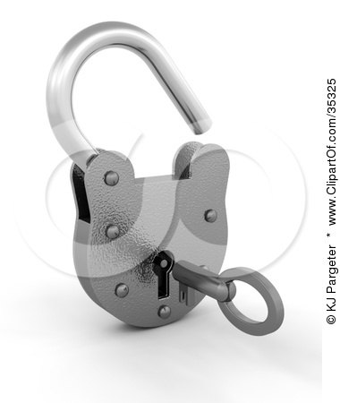 Clipart Illustration of a 3d Metal Padlock Opened, A Key In The Hole by KJ Pargeter