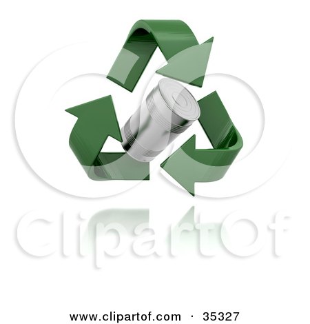 Clipart Illustration of Green Recycle Arrows Around A Hovering Tin Can by KJ Pargeter
