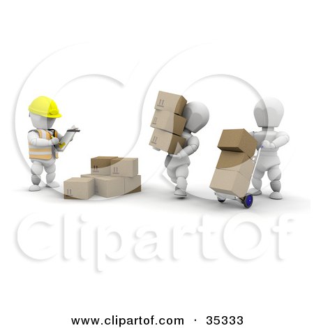 Clipart Illustration of 3d White Characters Moving Boxes To One Section While Their Supervisor Watches by KJ Pargeter