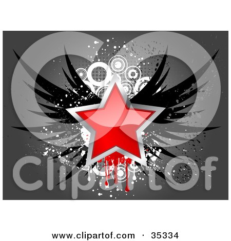 Clipart Illustration of a Shiny Red Star Bordered In Chrome, With Black Wings, Over A Grungy Gray And White Background by KJ Pargeter