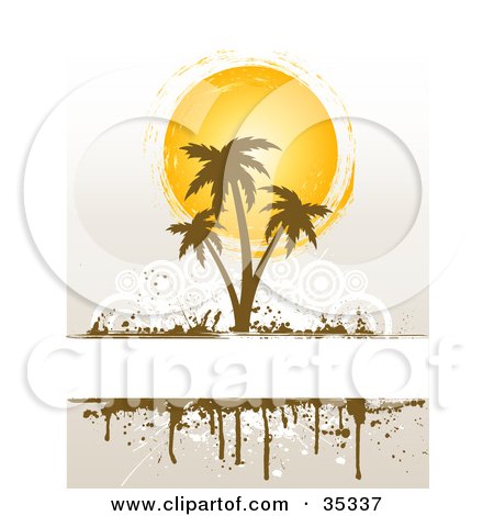 Clipart Illustration of Brown Palm Tress In Front Of The Summer Sun, Growing On A White Text Box Over A Faint Background With White Circles by KJ Pargeter